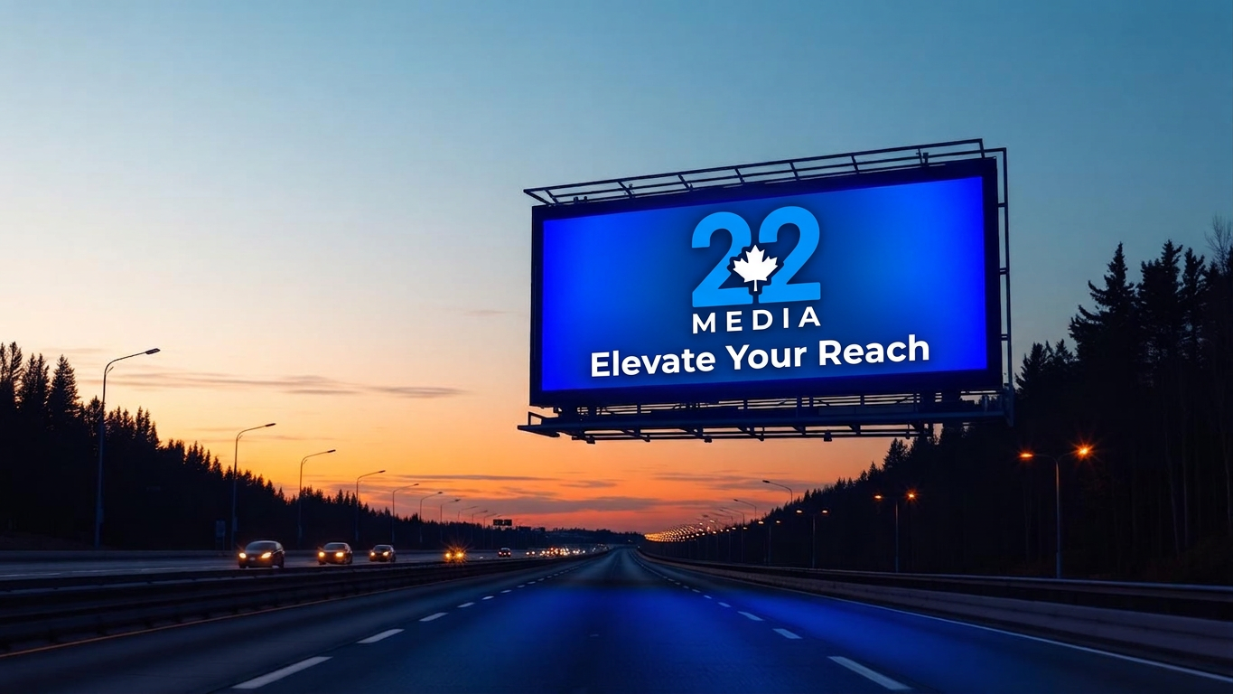 Digital billboard glowing blue over a highway at dusk